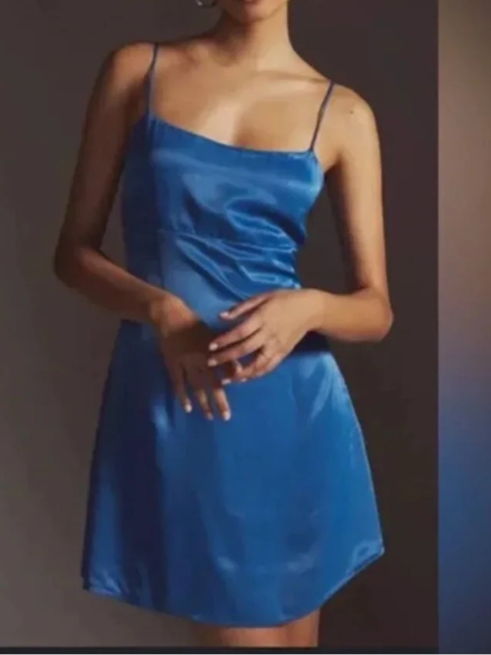 Anthropologie Blue Satin Mini Dress with Front Cutout